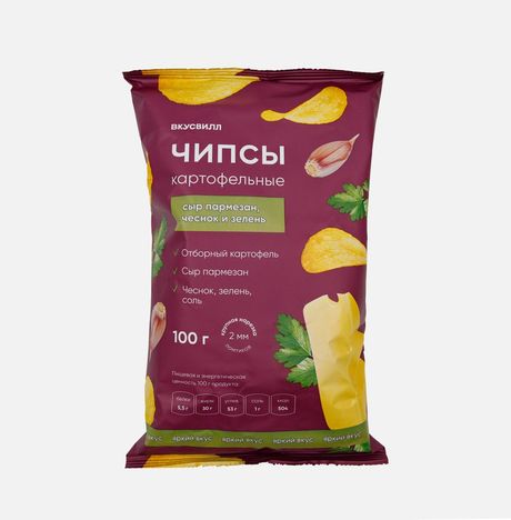 Чипсы Вкусвилл Сыр пармезан с чесноком/зеленью картофельные 100г