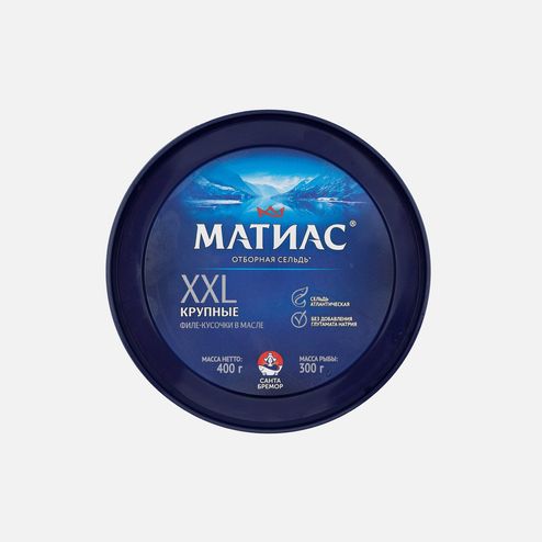 Сельдь Матиас ф/к с/с XXL отборные в масле пл/б 400г