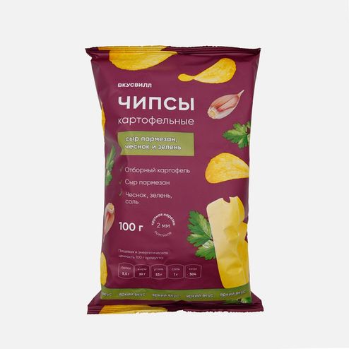 Чипсы Вкусвилл Сыр пармезан с чесноком/зеленью картофельные 100г
