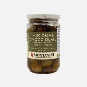 Оливки Монтанини черн/зелен без косточек маринованные со спец 180г