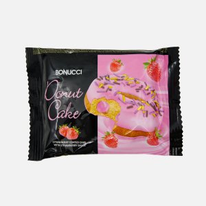 Пончик Бонуччи с клубничным наполнителем и клубнич соусом 40г